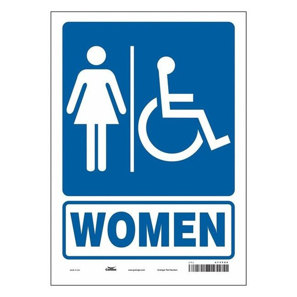 Restroom Sign, Women, 10 in W x 14 in H, Vertical Rectangle, Vinyl, 473Y05
