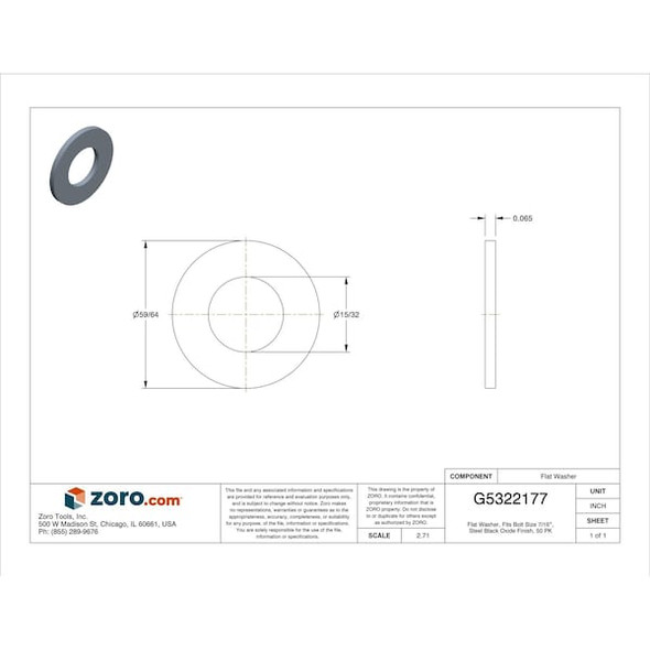 Flat Washer, For Screw Size 7/16" ,Steel Black Oxide Finish, 50 PK