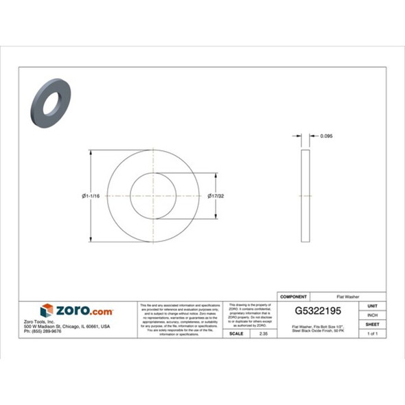Flat Washer, For Screw Size 1-2" ,Steel Black Oxide Finish, 50 PK  U38200.050.0001