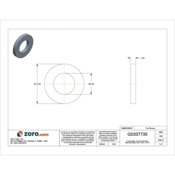 Flat Washer, For Screw Size M6 ,Stainless Steel Plain Finish, 50 PK  M55420.060.0001