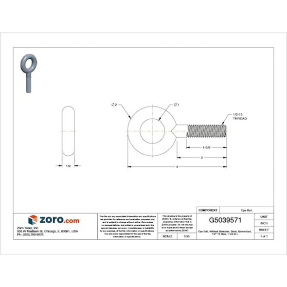 Eye Bolt Without Shoulder, 1-2"-13, 2 in Shank, 1 in ID, Steel, Galvanized  U16181.050.0200