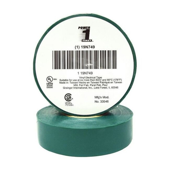 Vinyl Electrical Tape, 3/4 in W x 60 ft L, 7 mil thick, Green, 1 Pack