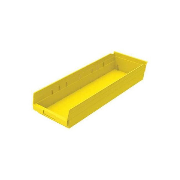 Shelf Storage Bin, Plastic, Yellow, 4 in H, 8 3/8 in W, 23 5/8 in L