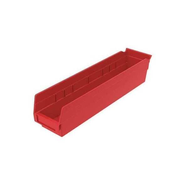 Shelf Storage Bin, Plastic, Red, 4 in H, 4 1/8 in W, 17 7/8 in L