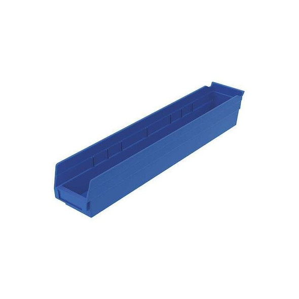 Shelf Storage Bin, Plastic, Blue, 4 in H, 4 1/8 in W, 23 5/8 in L