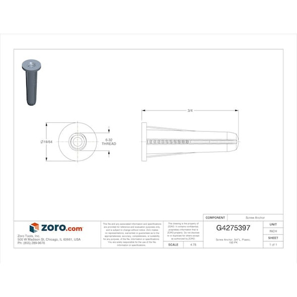 Manufacturer Varies Screw Anchor, 3/4"L, Plastic, 100 PK U63158.006.0001