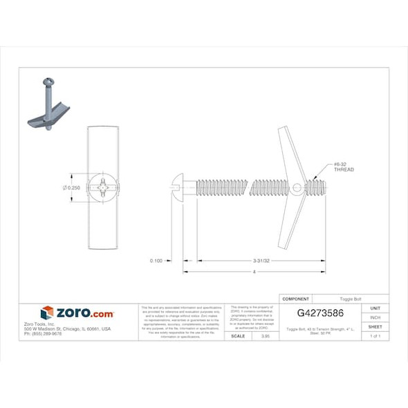 Manufacturer Varies Toggle Bolt, 43 lb Tension Strength, 4"L, Steel, 50 PK U63265.013.0400