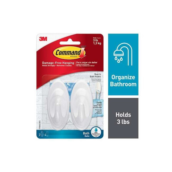 Command Bath Hook,Quartz,Plastic,1 1/4 in D,2/Pack 17086Q-BES Pack of 12
