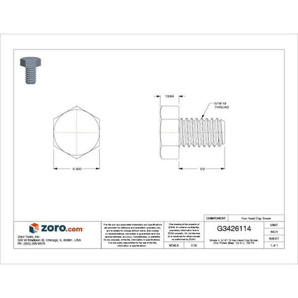 Grade 5, 5-16"-18 Hex Head Cap Screw, Zinc Plated Steel, 1-2 in L, 100 PK  U01200.031.0050
