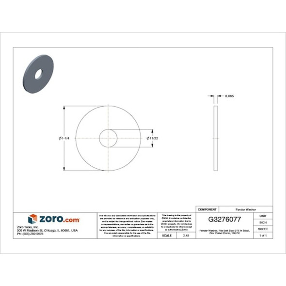Fender Washer, For Screw Size 5-16" ,Steel Zinc Plated Finish, 100 PK  U38210.031.0125