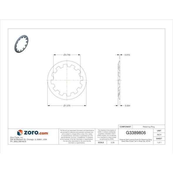 External Self-Locking Push-On Retaining Ring, Steel, Plain Finish, 50 PK  U36230.075.0001
