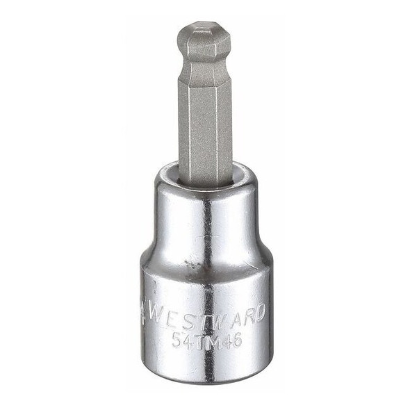 Westward 3/8 in Drive Ball Hex Socket Bit SAE 1/4 in Tip, 1 7/8 in L 54TM46