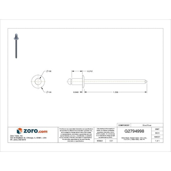 Blind Rivet, Dome Head, 1-8 in Dia., 7-32 in L, Steel Body, 500 PK  U34130.012.0041