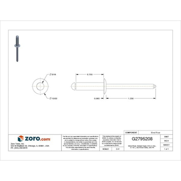 Blind Rivet, Dome Head, 3-16 in Dia., 45-64 in L, Aluminum Body, 250 PK  U34121.018.0068