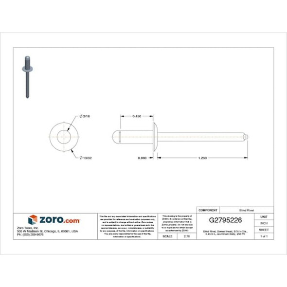 Blind Rivet, Dome Head, 3-16 in Dia., 29-64 in L, Aluminum Body, 250 PK  U34121.018.0064