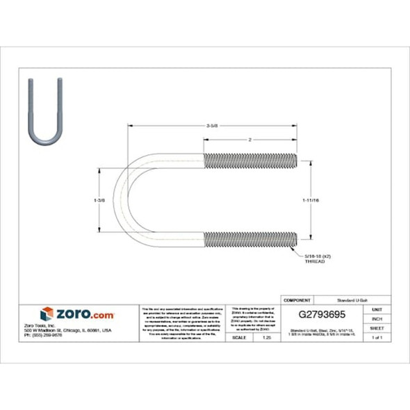 Round U-Bolt, 5-16"-18, 1 3-8 in W, 3 5-8 in H, Zinc Plated Steel  U17243.031.0102
