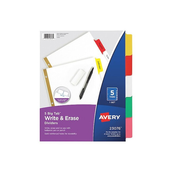 Avery Big Tab Write & Erase Dividers 23076, 5 Multicolor Tabs, 1 Set Pack of 48