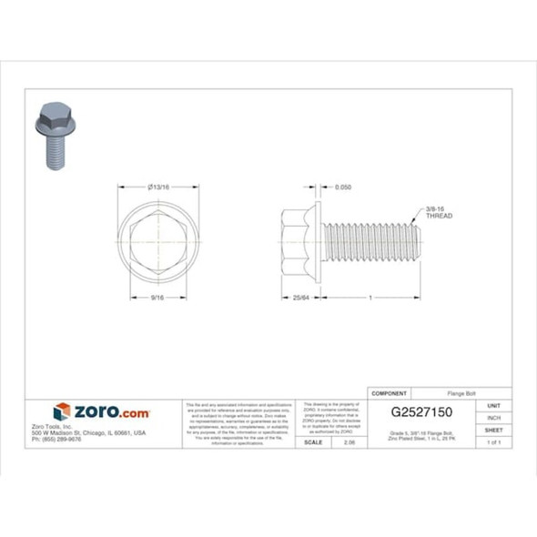 Grade 5, 3-8"-16 Flange Bolt, Zinc Plated Steel, 1 in L, 25 PK  U01258.037.0100