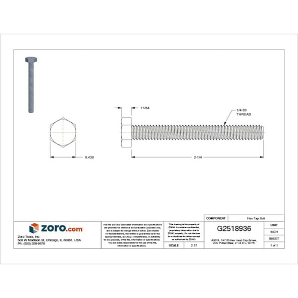 Grade A307, 1-4"-20 Hex Head Tap Bolt, Zinc Plated Steel, 2-1-4 in L, 50 PK  U01209.025.0225