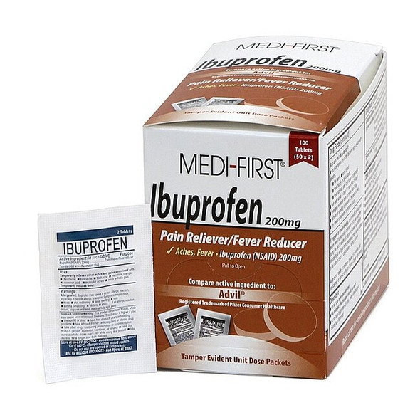 Pain Relief, Ibuprofen, 200 mg., Tablet Form, Wrapped Packets, PK100 (50PK of 2)