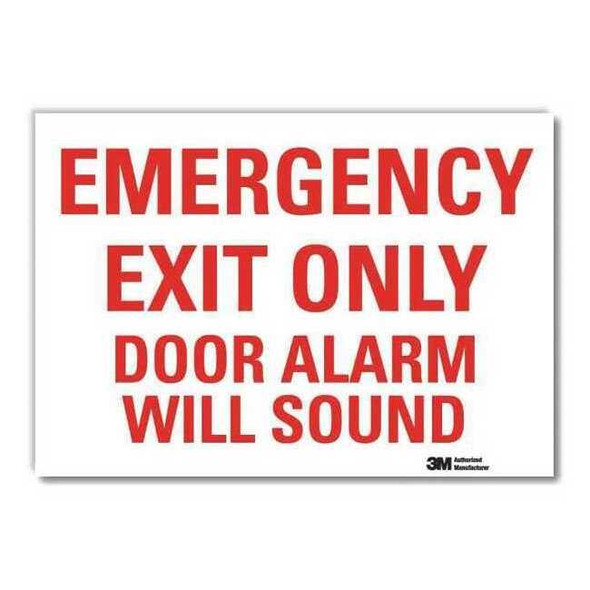 Exit Sign, Vinyl, 7" W, 5" H, Emergency Exit Only Door Alarm Will Sound, White