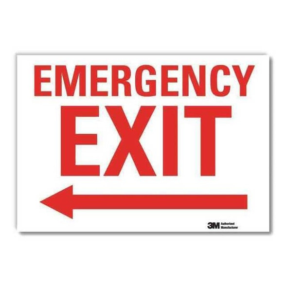 Exit Sign, Vinyl, 14" W, 10" H, Emergency Exit (Arrow Left), White