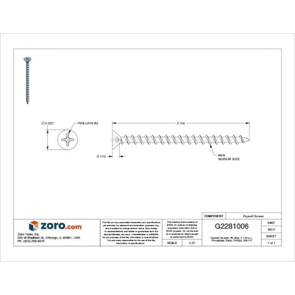 Drywall Screw, #6 x 2-1-4 in, Steel, Phillips Drive, 200 PK  U31300.013.0212