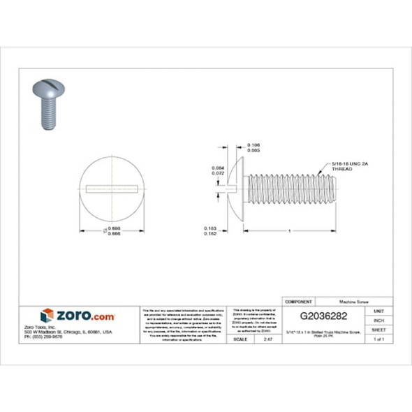 5-16"-18 x 1 in Slotted Truss Machine Screw, Plain 18-8 Stainless Steel, 25 PK  U51215.031.0100