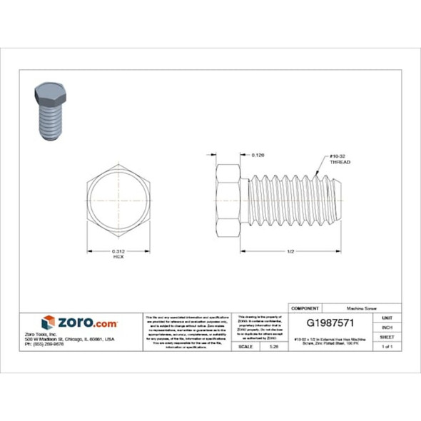 #10-32 x 1-2 in Hex Hex Machine Screw, Zinc Plated Steel, 100 PK  HTCEFIF-1000500US-100P