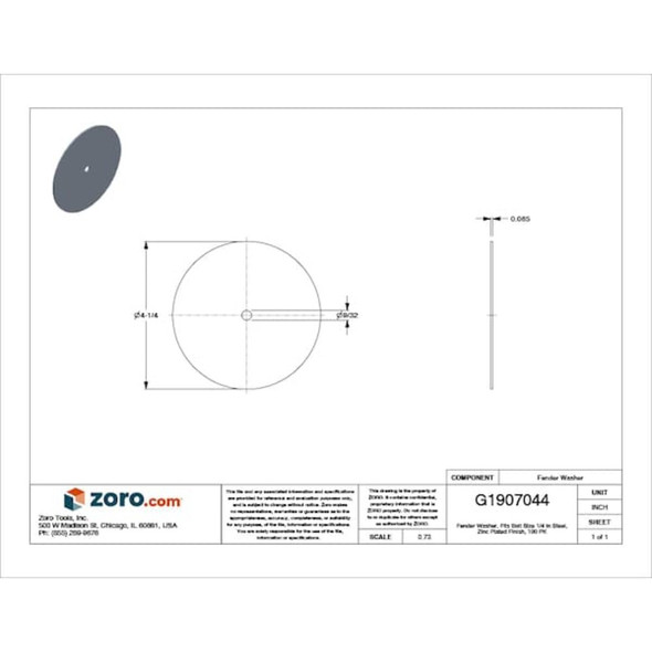 Fender Washer, For Screw Size 1/4" ,Steel Zinc Plated Finish, 100 PK