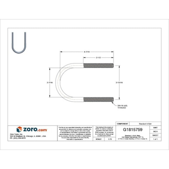 Round U-Bolt, 3-8"-16, 2 7-16 in W, 4 7-16 in H, Hot Dipped Galvanized Steel  U17274.037.0200