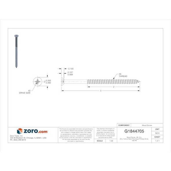 Wood Screw, No. 8, 3 in, Zinc Yellow Steel Flat Head Phillips Drive, 100 PK  U25121.016.0300