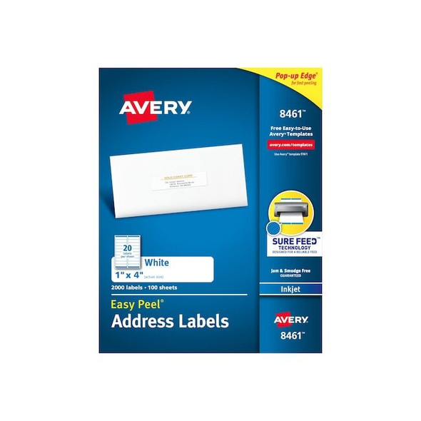 Inkjet Label, 4 in Label W, 1 in Label H, 20 Labels per Sheet White Pack of 5