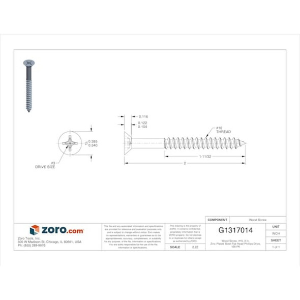 Wood Screw, #10, 2 in, Zinc Plated Steel Flat Head Phillips Drive, 100 PK  U25120.019.0200