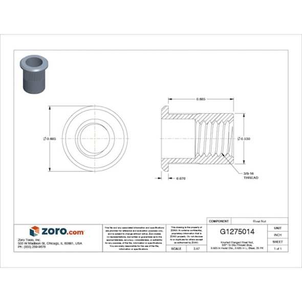 Rivet Nut, 3-8"-16 Thread Size, 0.685 in Flange Dia., 0.685 in L, Steel, 25 PK  U69135.037.0150
