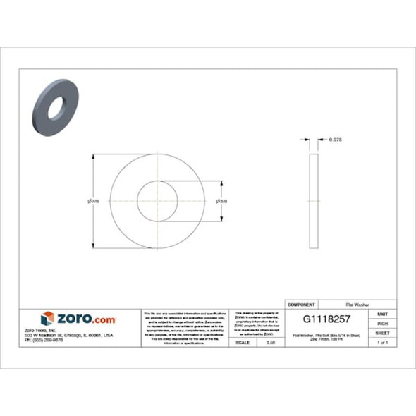 Flat Washer, For Screw Size 5-16" ,Steel Zinc Plated Finish, 100 PK  U38130.031.0001
