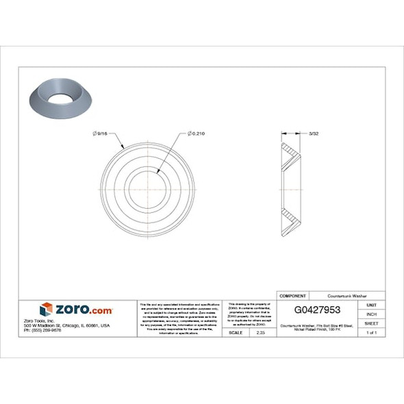 Countersunk Washer, Fits Bolt Size #8 ,Steel Nickel Plated Finish, 100 PK