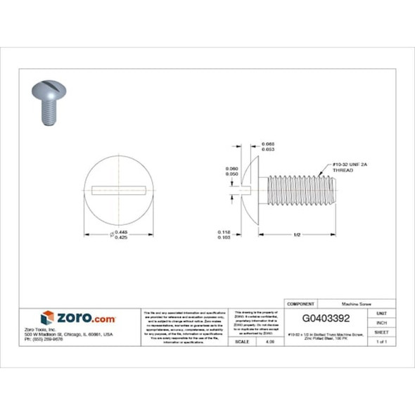 #10-32 x 1-2 in Slotted Truss Machine Screw, Zinc Plated Steel, 100 PK  MSTFI-1000500-100P