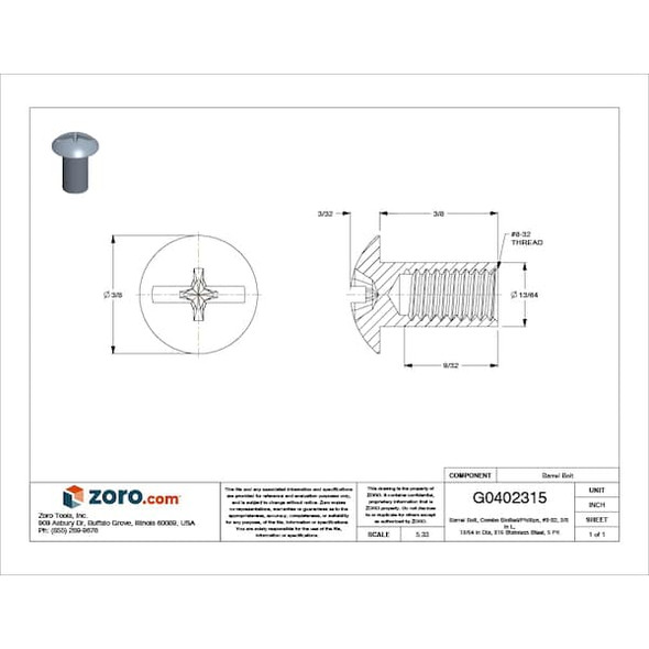 Barrel Bolt, #8-32, 3/8 in Brl Lg, 13/64 in Brl Dia, Stainless Steel Plain, 5 PK