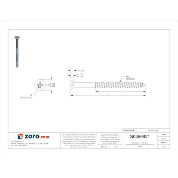 Wood Screw, #12, 3 in, Zinc Plated Steel Flat Head Phillips Drive, 100 PK  U25120.021.0300