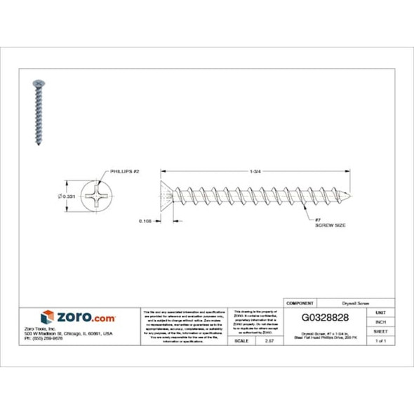 Drywall Screw, #7 x 1-3-4 in, Steel, Flat Head Phillips Drive, 200 PK  U31300.015.0175