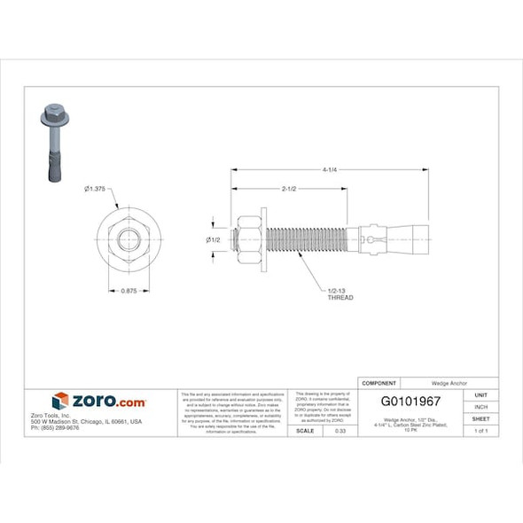 Wedge Anchor, 1/2" Dia., 4-1/4" L, Carbon Steel Zinc Plated, 10 PK