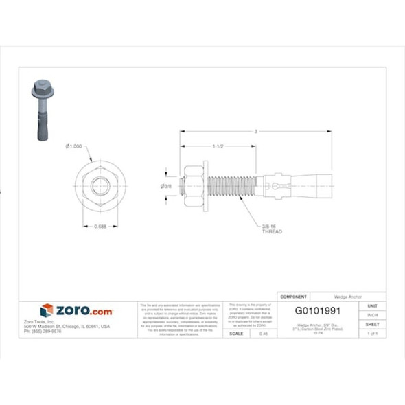 Wedge Anchor, 3-8" Dia., 3" L, Carbon Steel Zinc Plated, 10 PK  U70411.037.0300