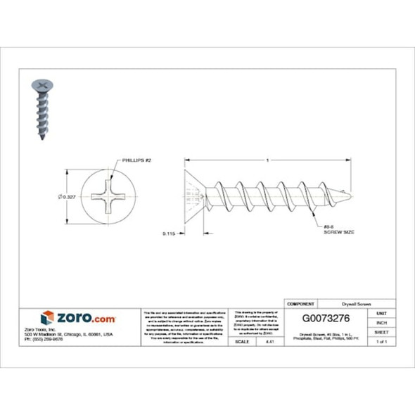 Drywall Screw, #8 x 1 in, Steel, Flat Head Phillips Drive, 500 PK  U31300.016.0100