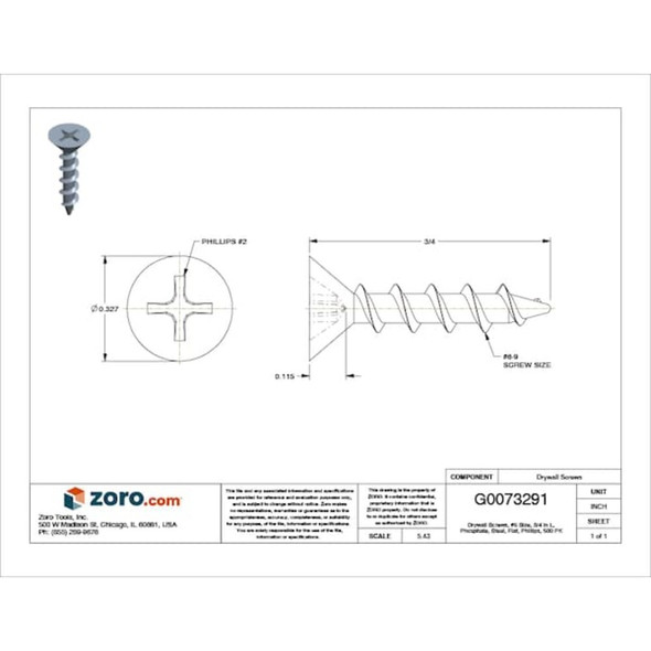 Drywall Screw, #6 x 3-4 in, Steel, Flat Head Phillips Drive, 500 PK  U31300.013.0075