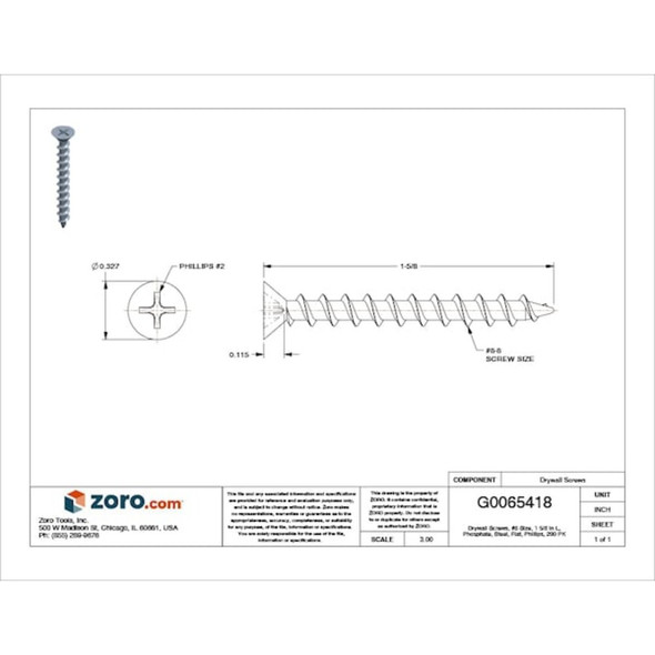 Drywall Screw, #8 x 1-5-8 in, Steel, Flat Head Phillips Drive, 200 PK  U31300.016.0162