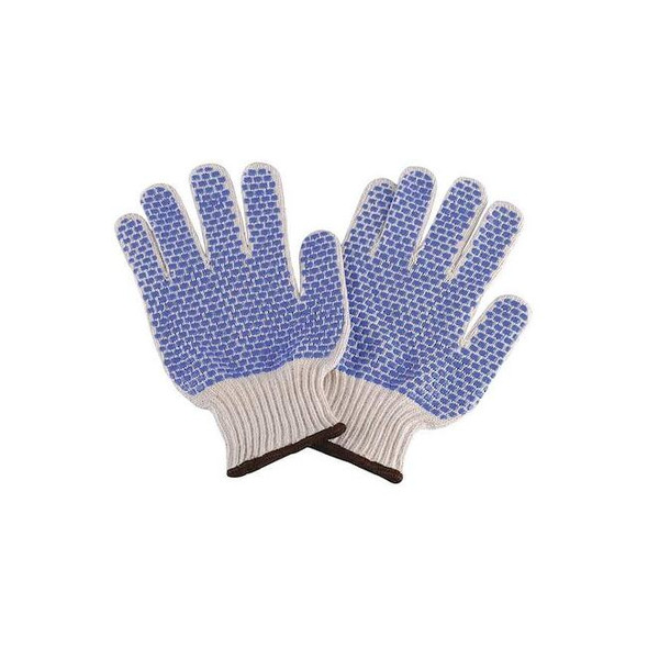 Knit Gloves, Cotton/Polyester, Dotted Palm, Knit, Beige/Blue, L, 1 PR Pack of 12