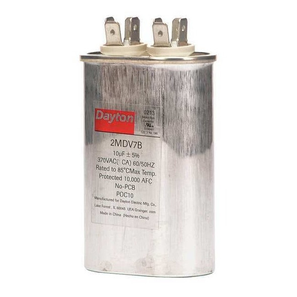 Dayton Motor Run Capacitor, Oval, 370V AC, 10 mfd, 3 5/8 in Overall H 2MDV7