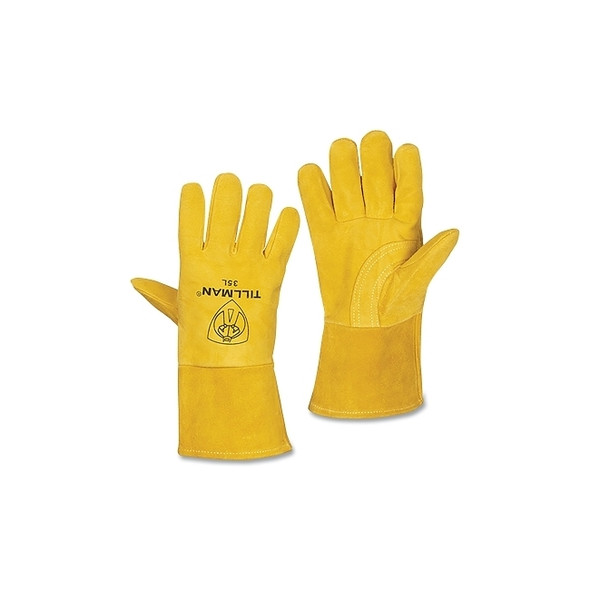 MIG Welding Gloves, 35, Premium Reverse Deerskin Palm/BOH/Split Cowhide Cuff, Sm, Bourbon Brn, 4 in L Straight Cuff