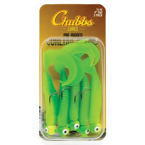 Chubbs Rigged 4 In. Chartreuse Glitter Curltail Grub (5-Pack) Y514-CHTGT